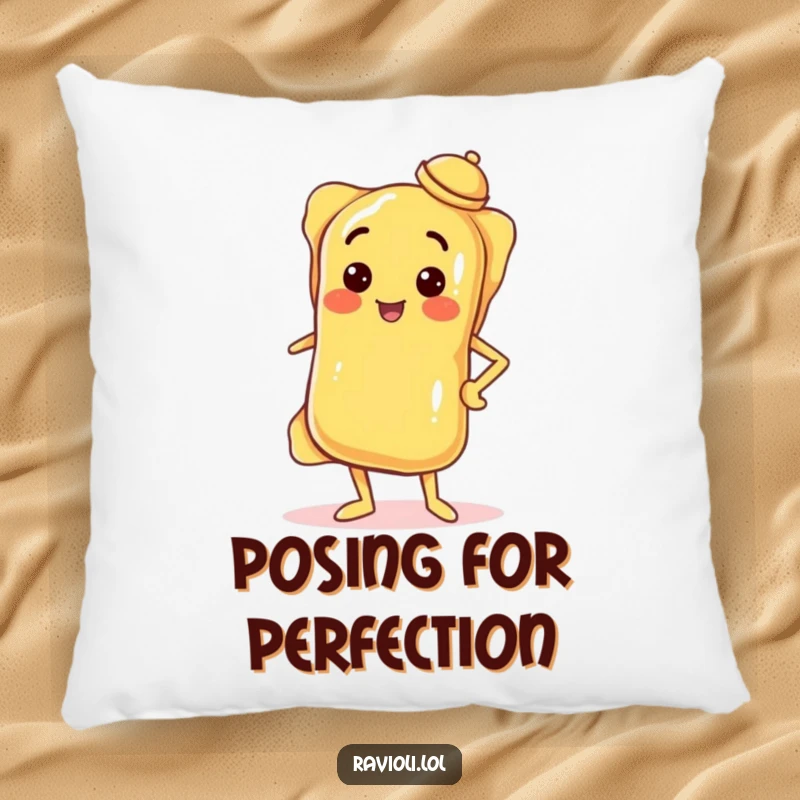 Soft, comfortable pillow with a funny ravioli striking a confident pose, hand on hip, tiny hat tilted, perfect for adding sass.