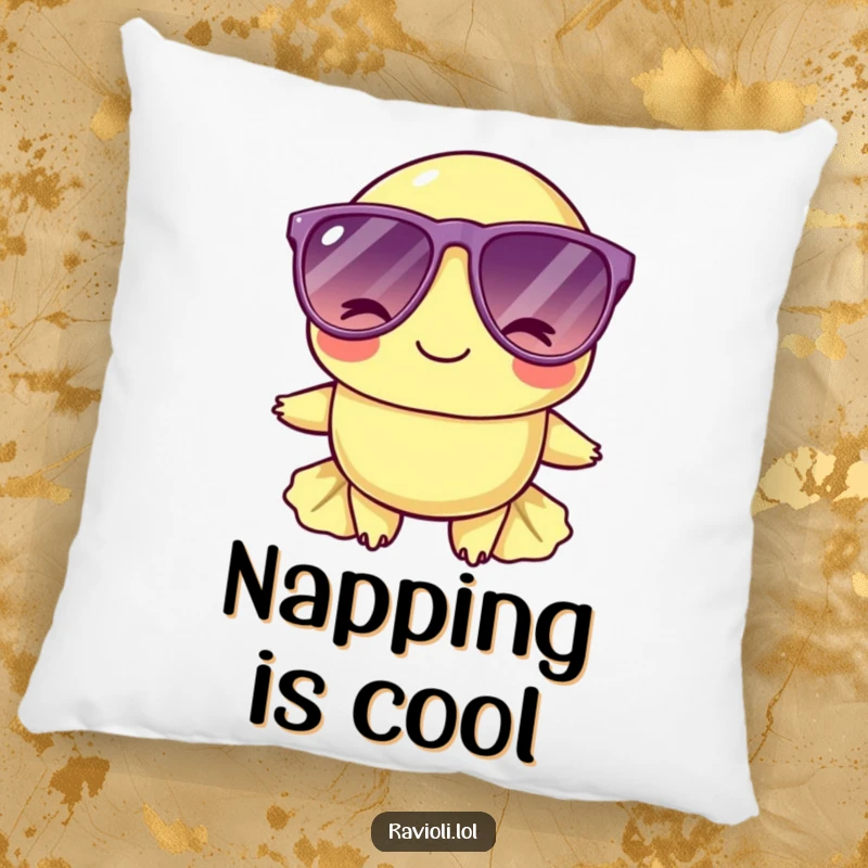 Funny ravioli character wearing cool sunglasses and winking on a cozy pillow, perfect for adding humorous comfort.