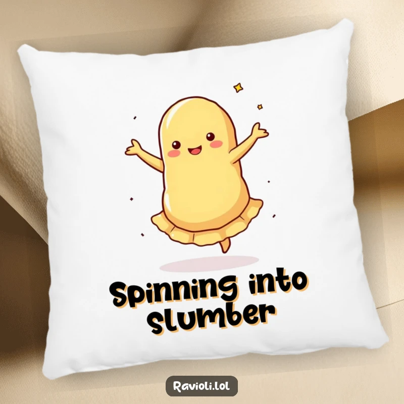 Funny Pillow: A ravioli performs a silly pirouette with spinning filling, offering a humorous and comfortable decorative accent.