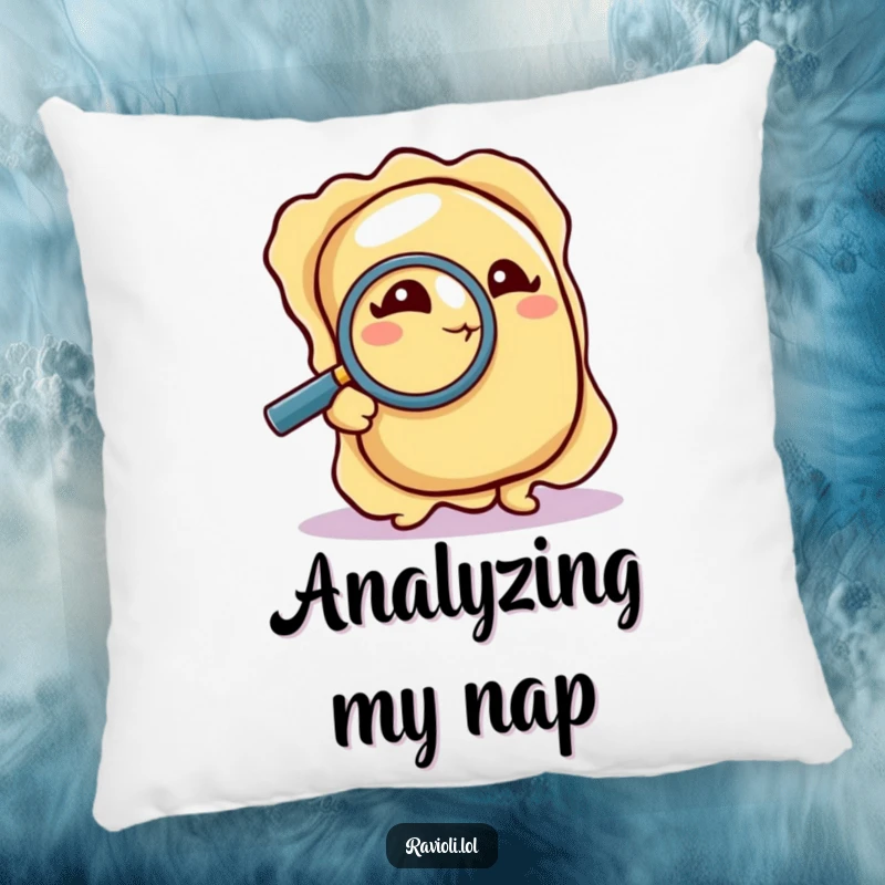 Funny Pillow: A ravioli intently peers at a crumb through a magnifying glass, offering a humorous and comforting decorative accent.