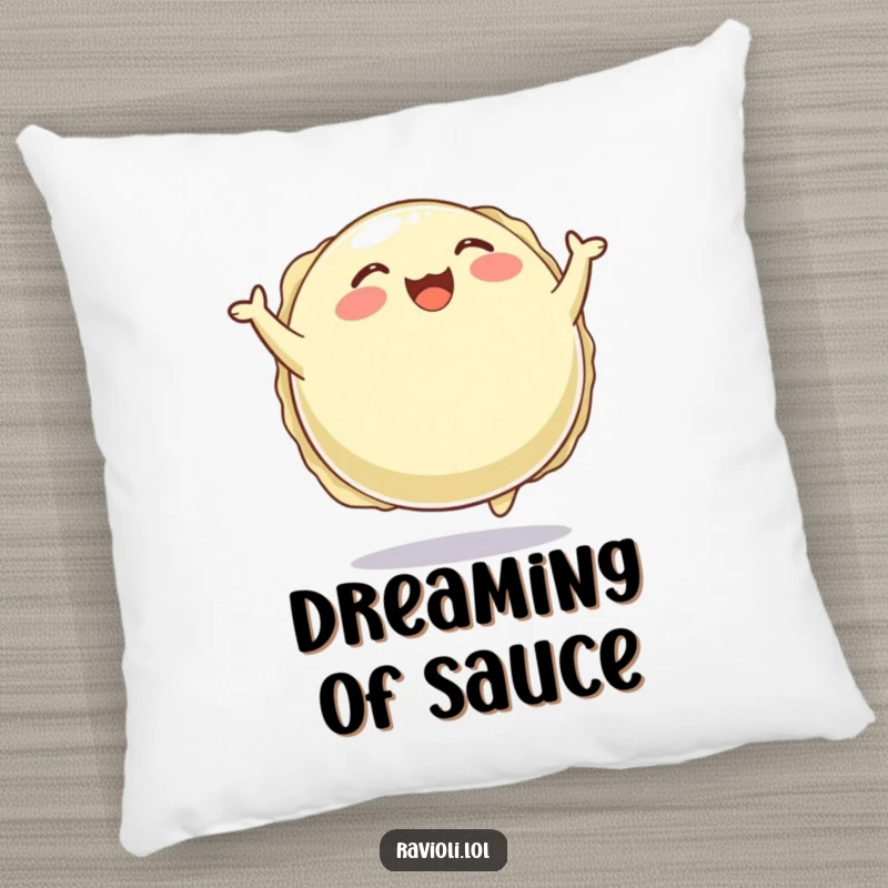 Funny pillow with a plump, round ravioli character joyfully bouncing, ideal for comfort and spreading cheer.