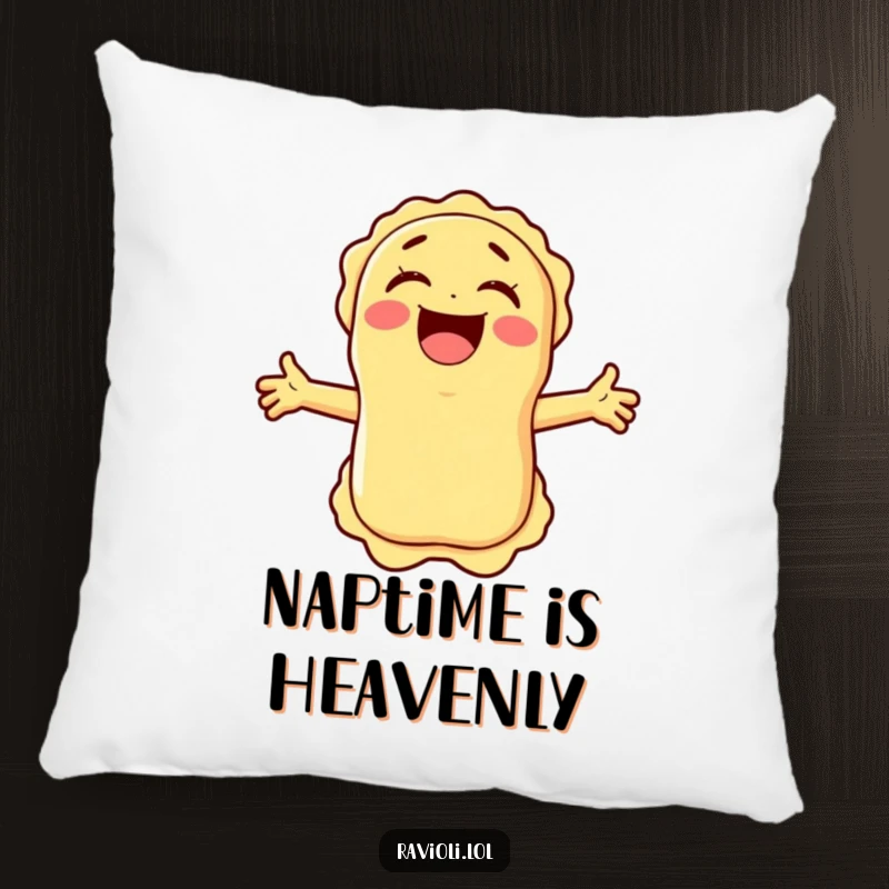 Plush funny ravioli character laughing heartily with arms open, designed as a comfortable and humorous pillow for any cozy spot.