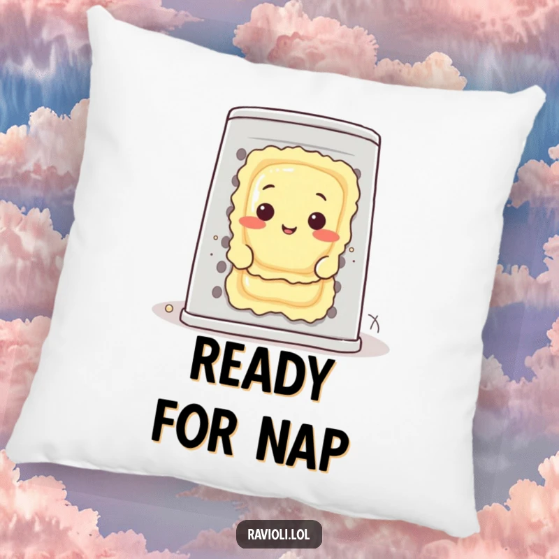 Funny ravioli character hiding behind a massive cheese grater on a pillow, a soft and humorous accent for any room.