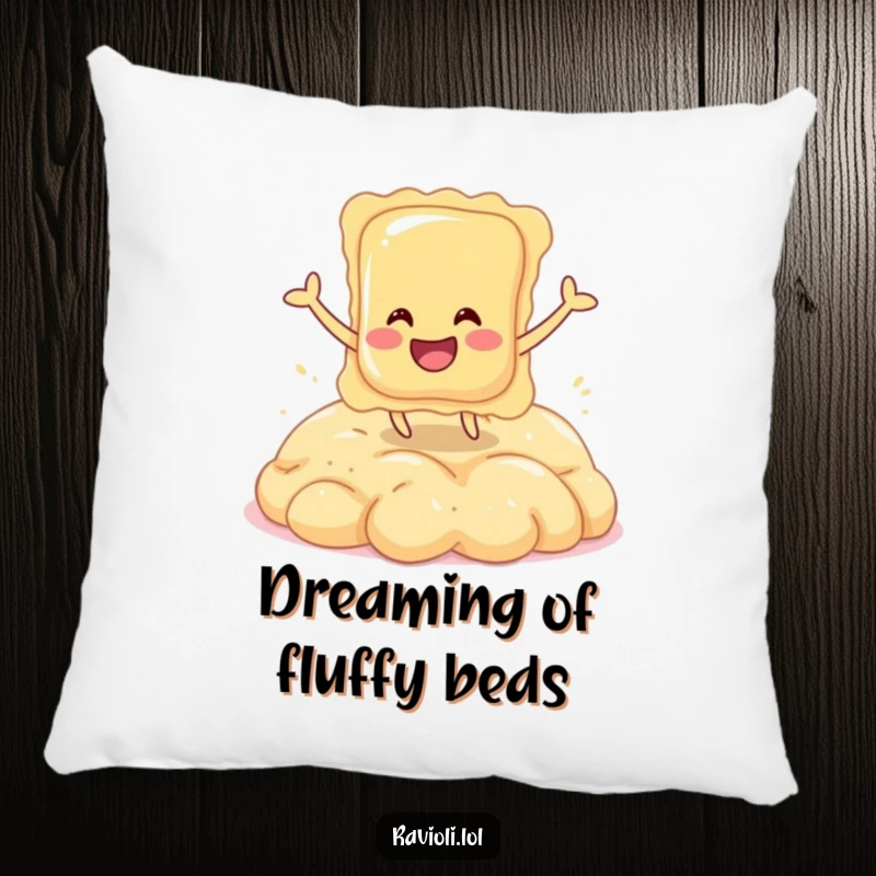 Funny pillow design of a happy ravioli character bouncing on dough, perfect for cozy comfort.