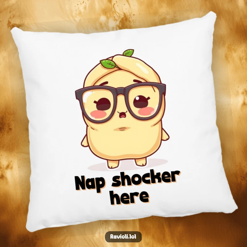 Funny ravioli character wearing tiny oversized glasses, looking surprised, printed on a soft and decorative pillow.