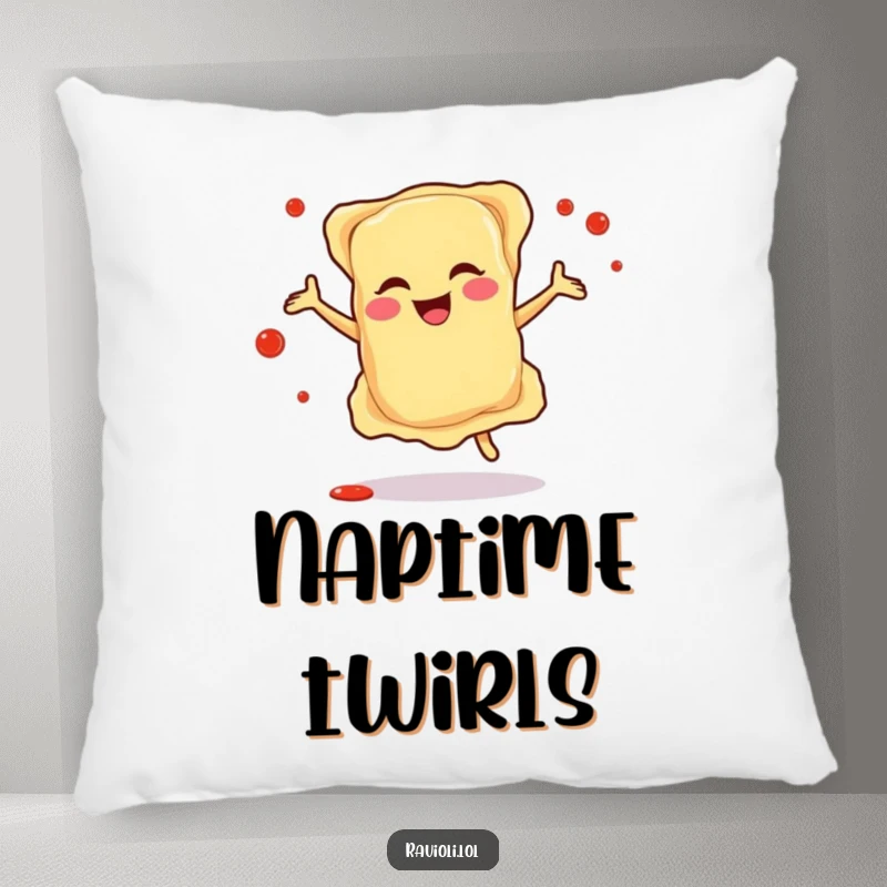 Funny pillow featuring a happy ravioli character dancing joyfully, surrounded by playful sauce splatters, adding Italian culinary cheer to any room.
