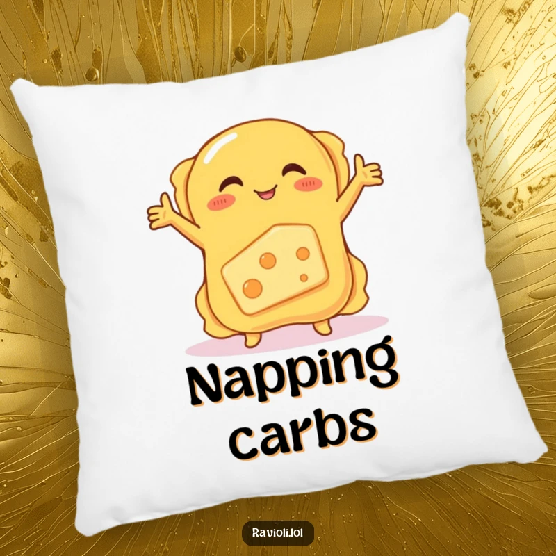 Funny pillow featuring a ravioli hugging a shy, blushing cheese, offering plush comfort and a humorous food-themed design.