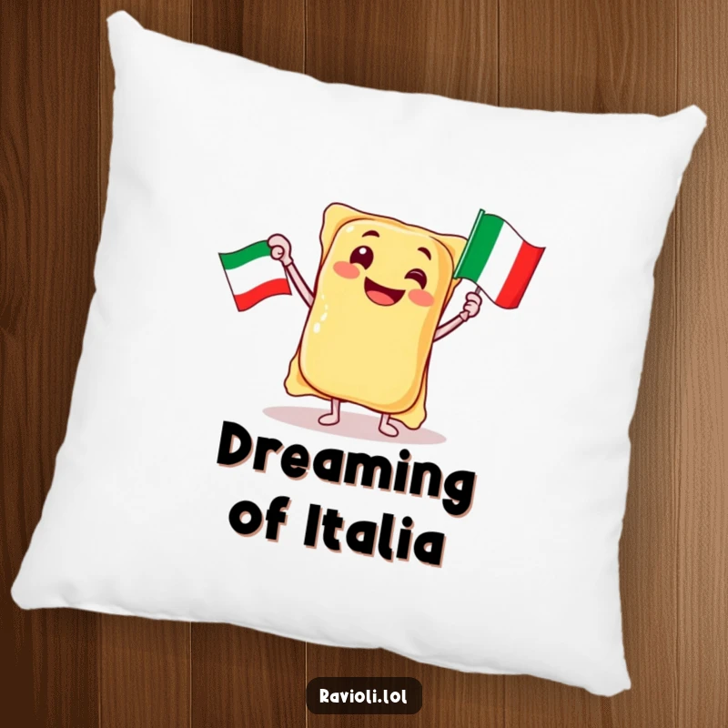 Funny jubilant ravioli character waving an Italian flag, on a soft and humorous pillow, a delightful gift.