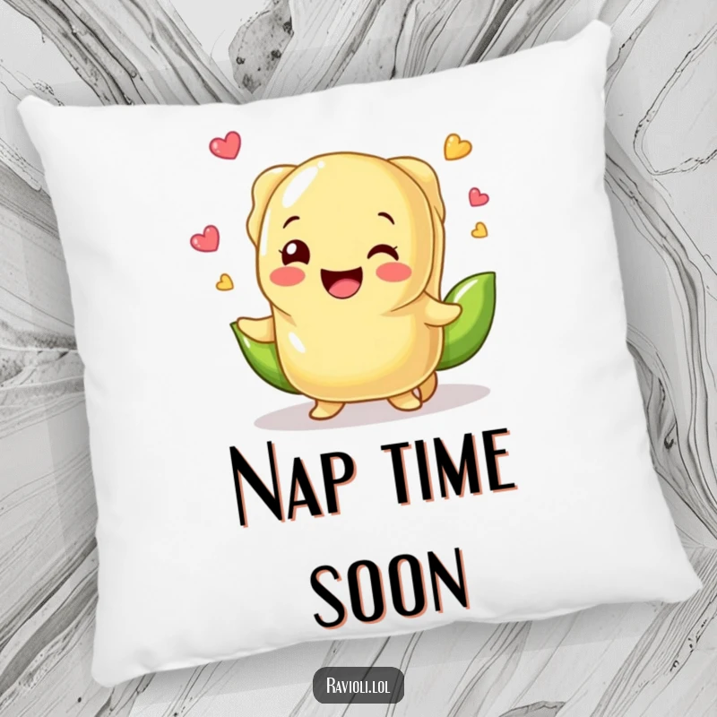A soft, plush pillow featuring a funny ravioli character juggling small peas, adding comfort and a humorous touch to home decor.