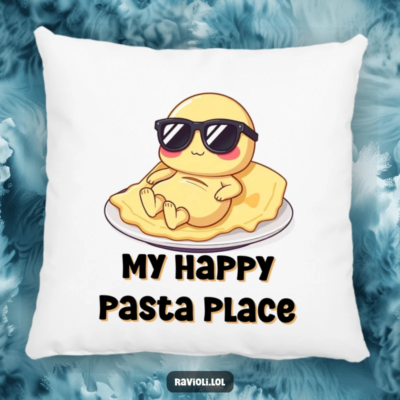 Funny ravioli pillow with a pasta character wearing sunglasses relaxing on a plate, offering comfort and comedic appeal.