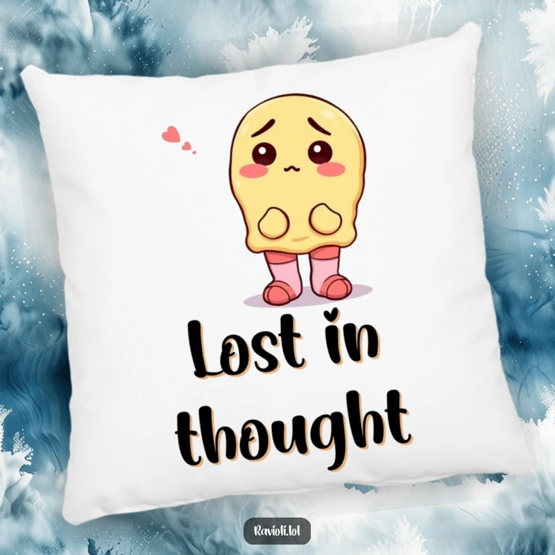 A soft, plush pillow featuring a funny ravioli character looking completely confused while wearing two distinct, mismatched socks.