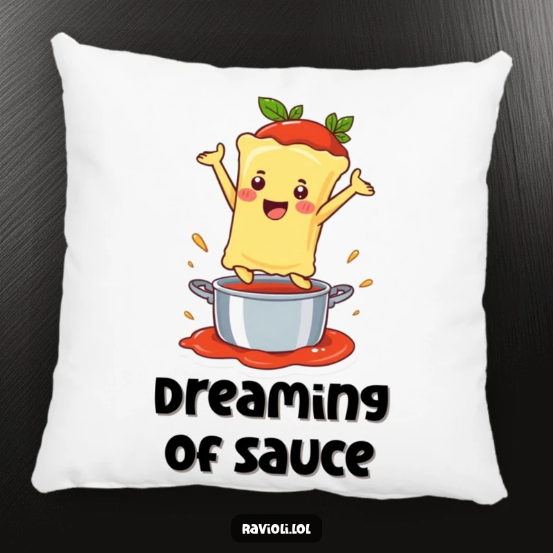 Funny Ravioli Pillow featuring a happy ravioli character leaping into a sauce pot, adding soft comfort and humor.