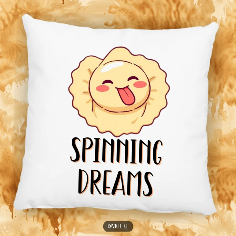 Funny ravioli makes silly face, tongue out, spinning, comfortable pillow.