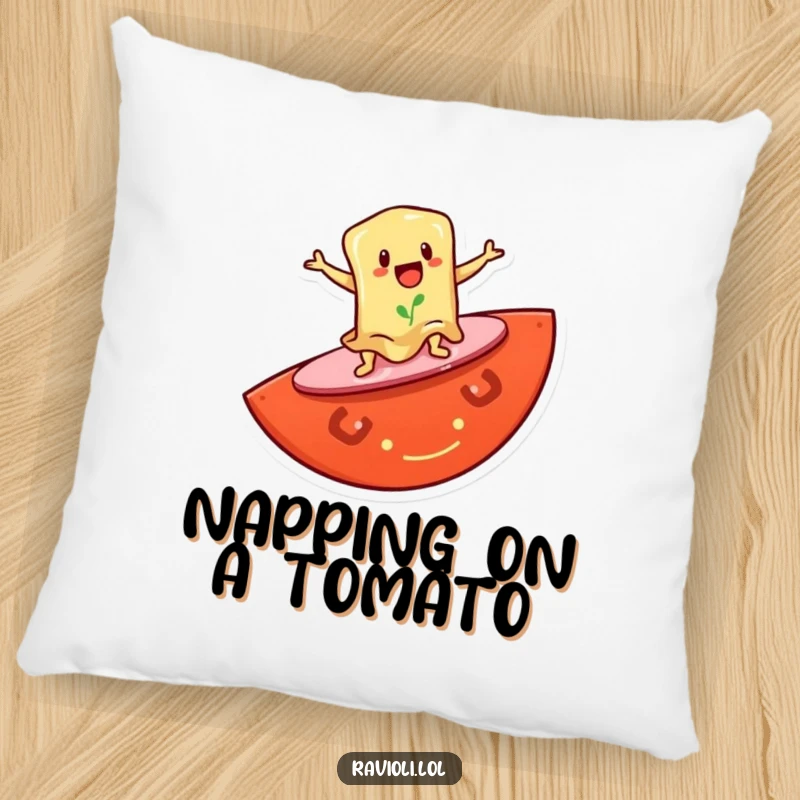 Funny pillow with a ravioli character surfing on a giant tomato slice, offering comfort and a humorous accent for home decor.