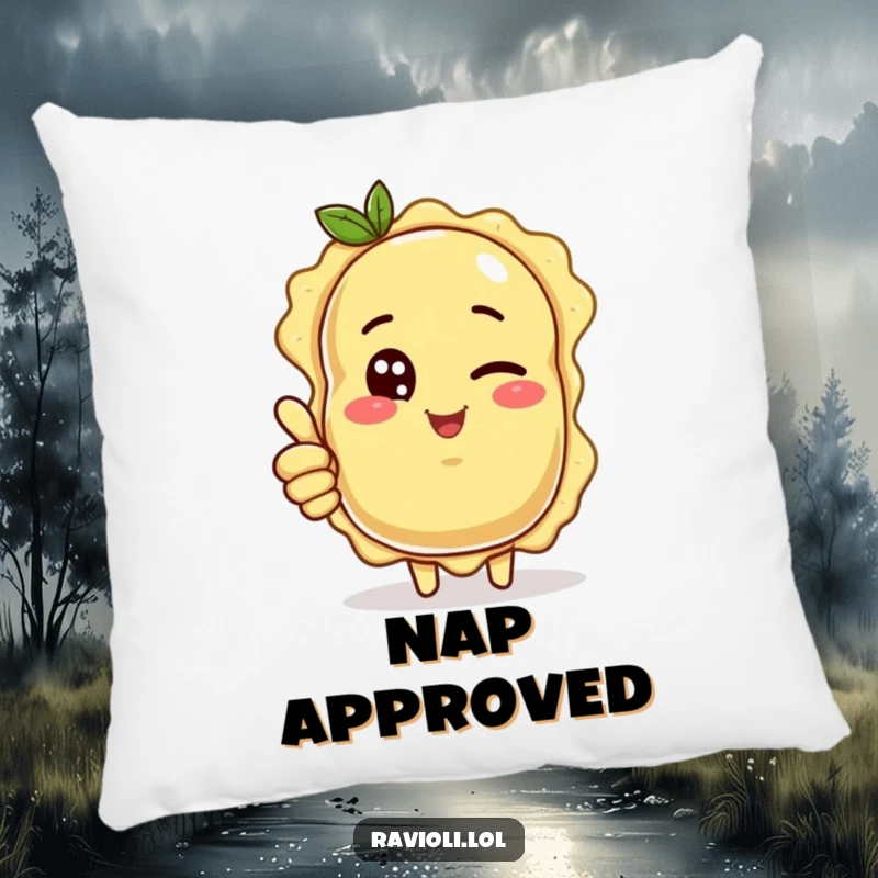 Funny ravioli character giving a confident wink and thumbs up, a soft and funny decorative pillow.