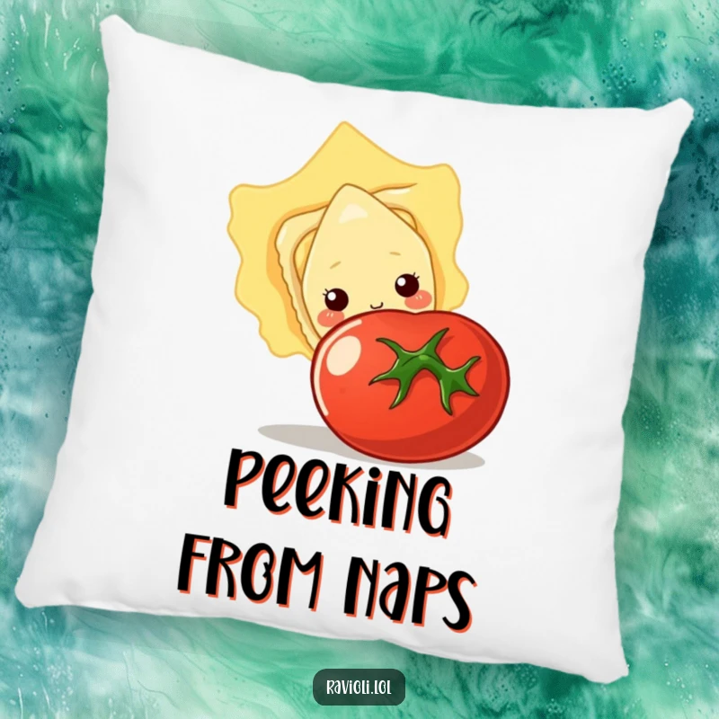 Funny pillow with a shy ravioli character peeking behind a big tomato, offering soft comfort and humorous appeal.