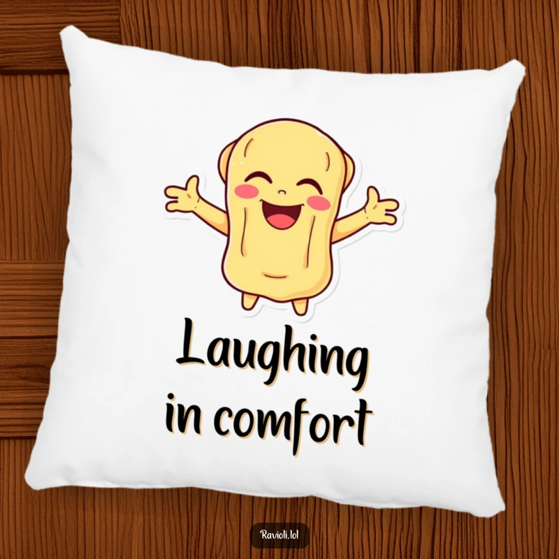 Funny Ravioli Pillow with a pasta character laughing exuberantly with arms spread wide, creating a cozy, funny vibe.