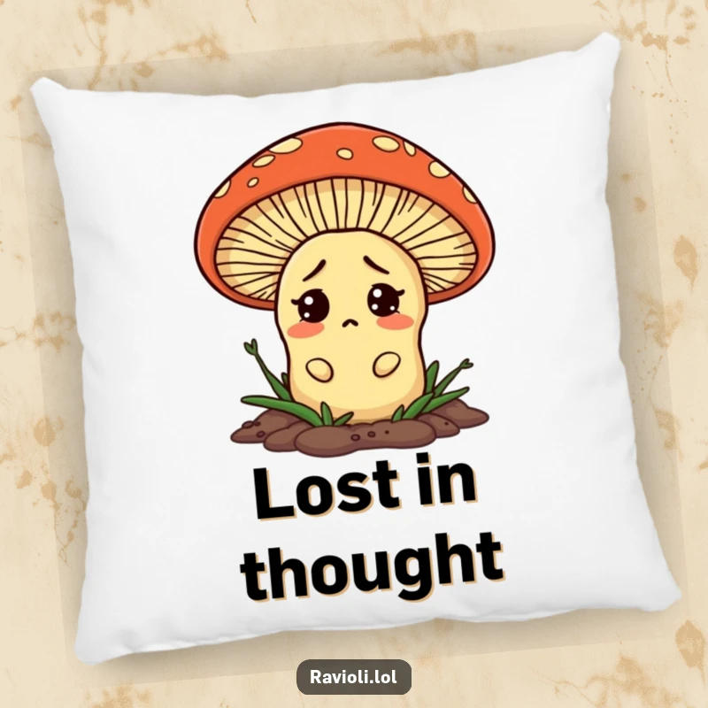 A surprised and confused ravioli peeking from behind a large mushroom on a plush pillow, a humorous and cuddly item.