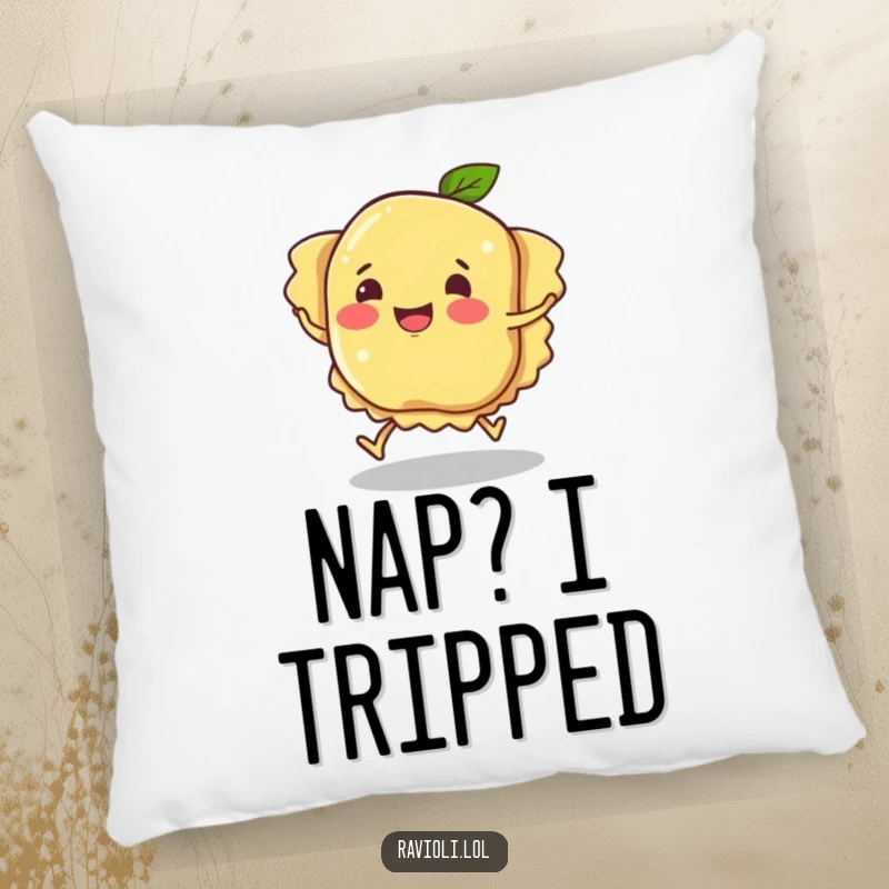 Funny ravioli character tripping, a soft pillow showcasing pasta humor and a clumsy, smiling figure, perfect funny gift.