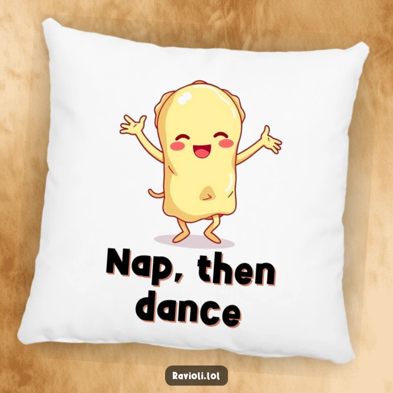 Funny ravioli character with exaggerated floppy limbs doing a clumsy dance, a humorous and plush pillow.