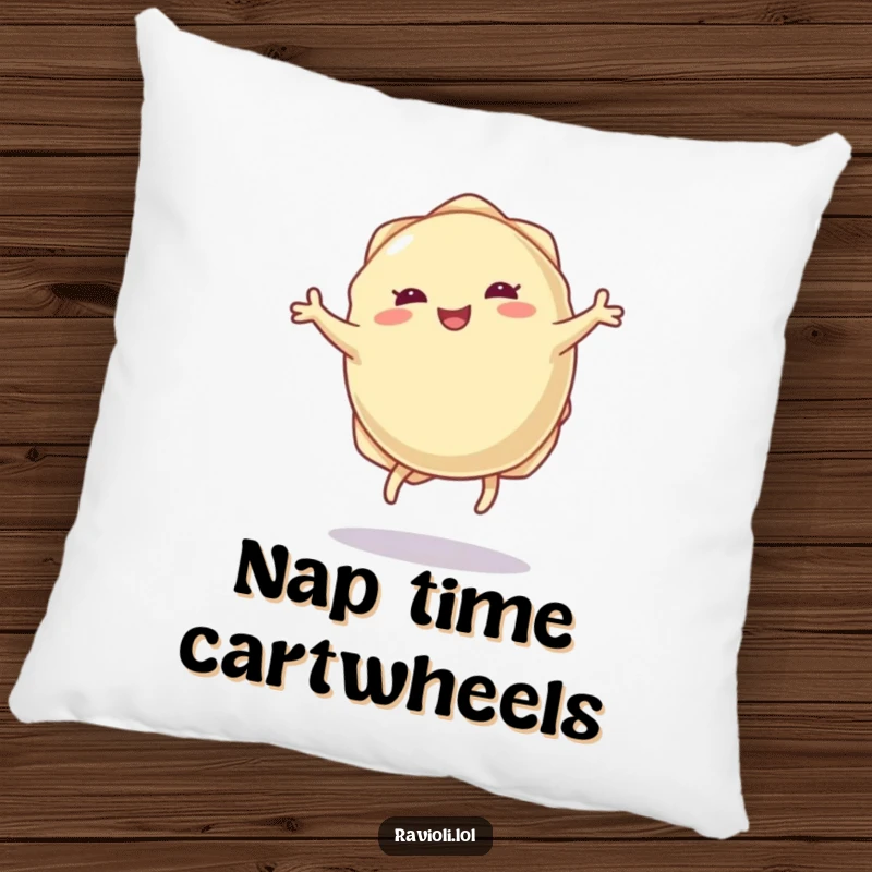 Funny ravioli dumpling pillow with tiny legs doing a joyful cartwheel, bringing comfort and playful food-themed cheer.