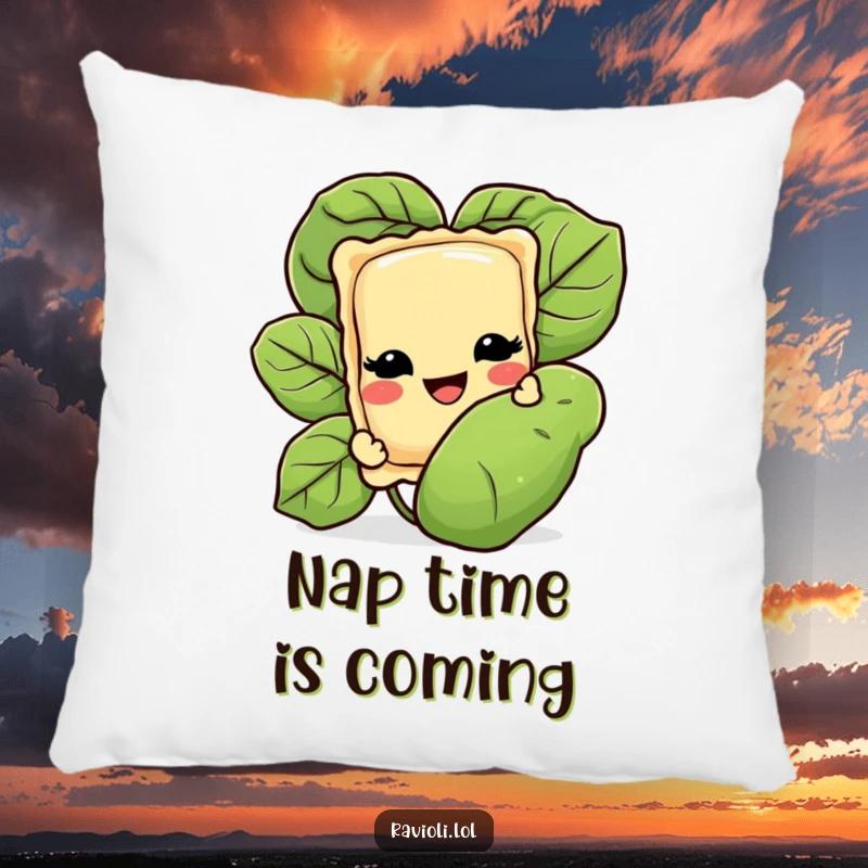 Funny pillow featuring a smiling ravioli character playfully peeking out from behind a lush basil leaf, adding a touch of Italian comfort and humor.
