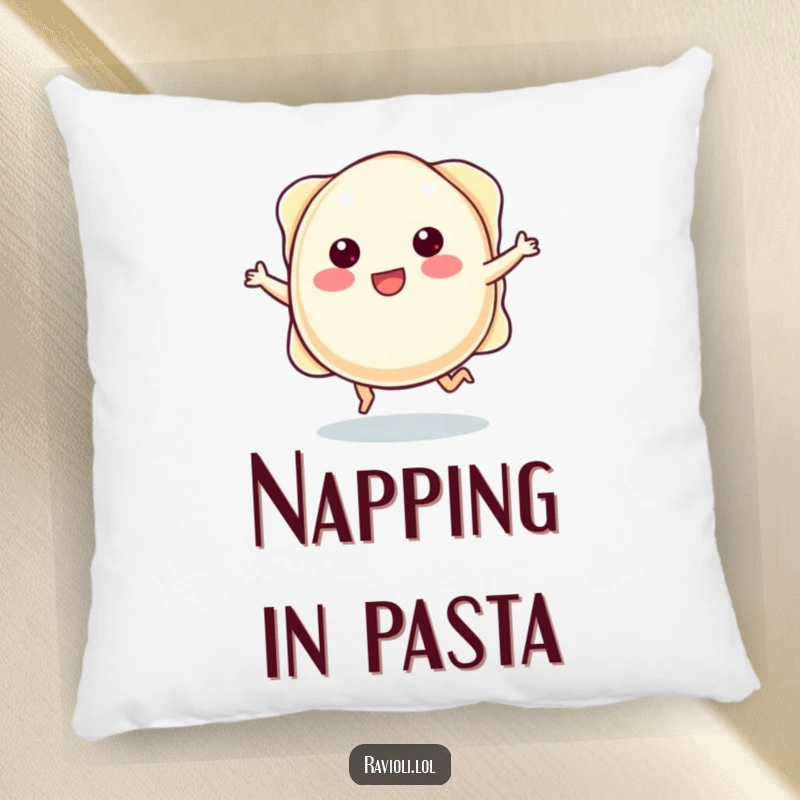 Funny plump ravioli character with tiny legs joyfully skipping, making a soft and humorous pillow.