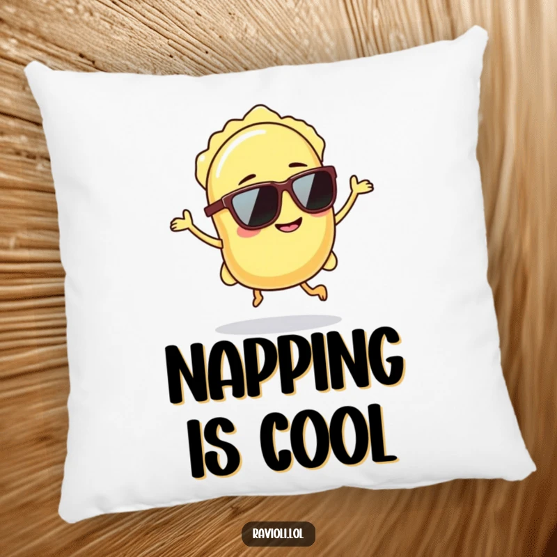 Funny ravioli wearing sunglasses hops with a confident grin, comfortable pillow.