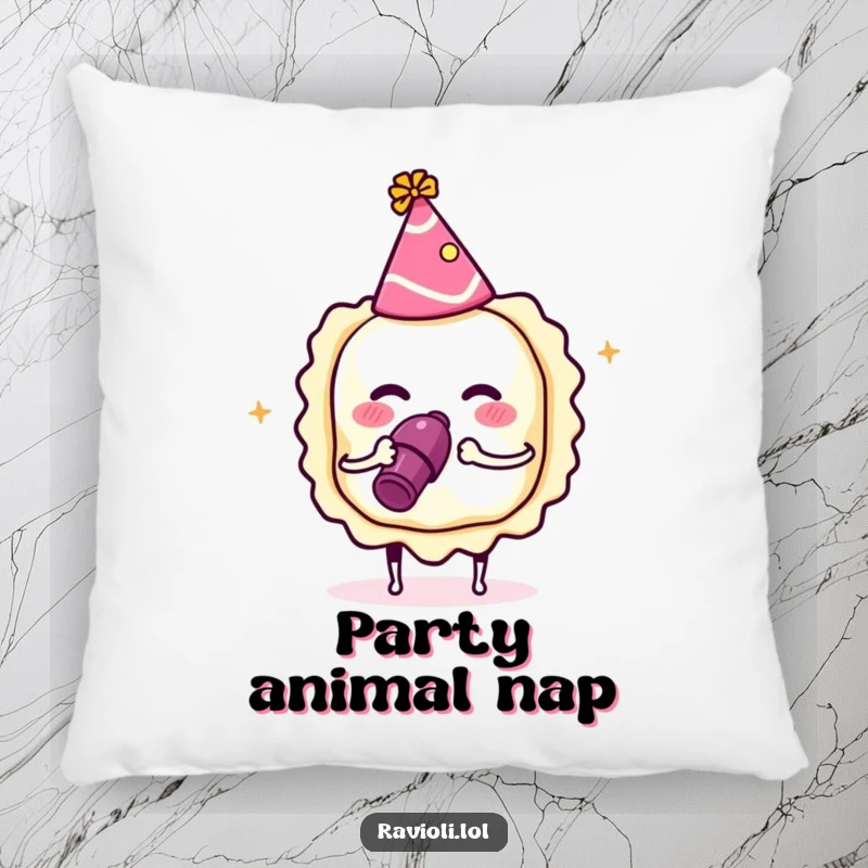 Funny ravioli in a party hat blowing a noisemaker, soft pillow with a festive Italian pasta character, ideal funny home decor.