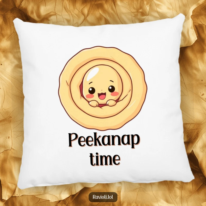 Funny ravioli character peeking from behind a large dough swirl, a soft and funny decorative pillow.