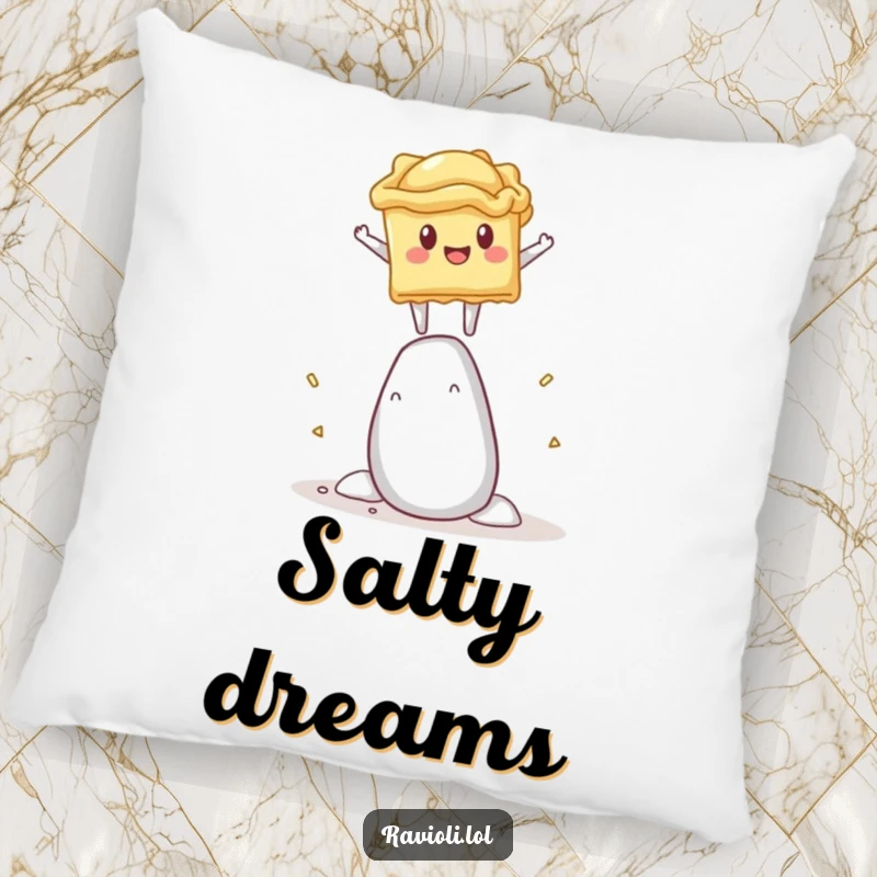 Funny pillow with a ravioli character in a precarious balancing pose on a huge salt shaker, soft and humorous.