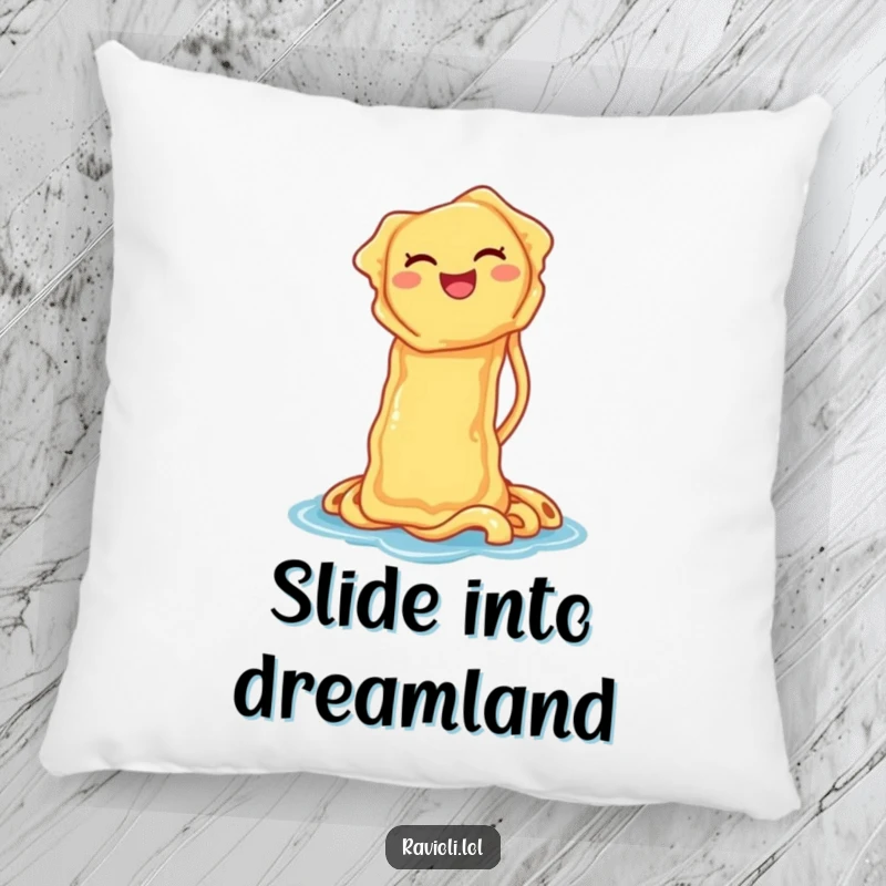 Soft, comfortable pillow with a funny ravioli laughing on a noodle waterslide, perfect for adding playful humor and comfort.