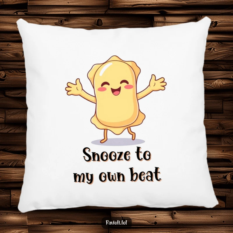 Plush funny ravioli character doing a silly dance with floppy arms, designed as a comfortable and humorous pillow for any cozy spot.