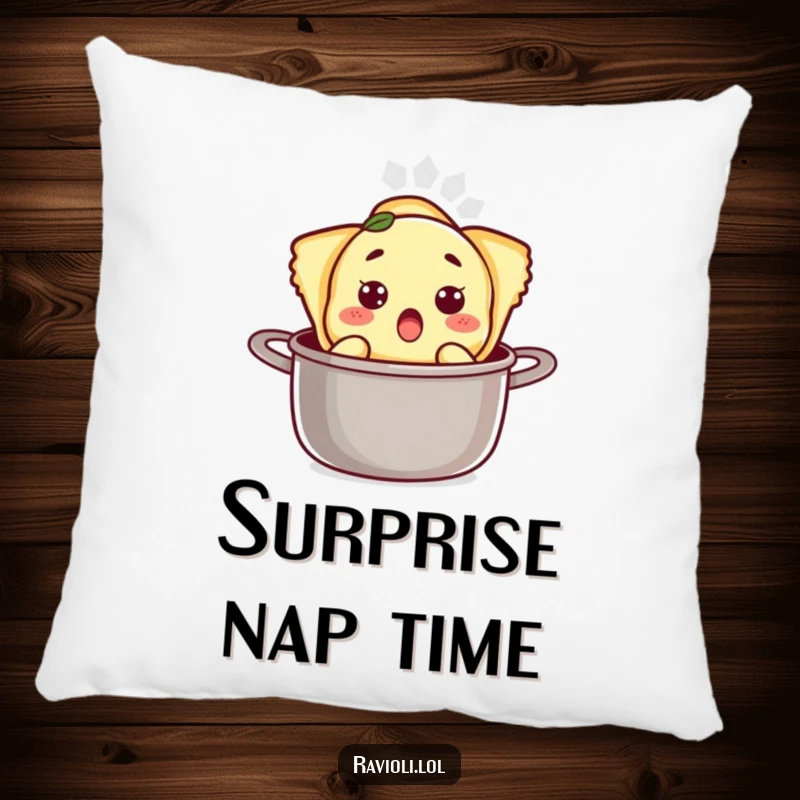 Funny ravioli character looking surprised as it pops out of a pot on a decorative pillow, bringing kitchen humor home.