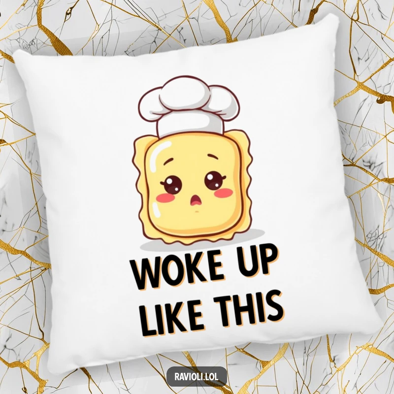 Plush funny ravioli character in a chef hat, looking surprised, designed as a comfortable and humorous pillow for any cozy spot.