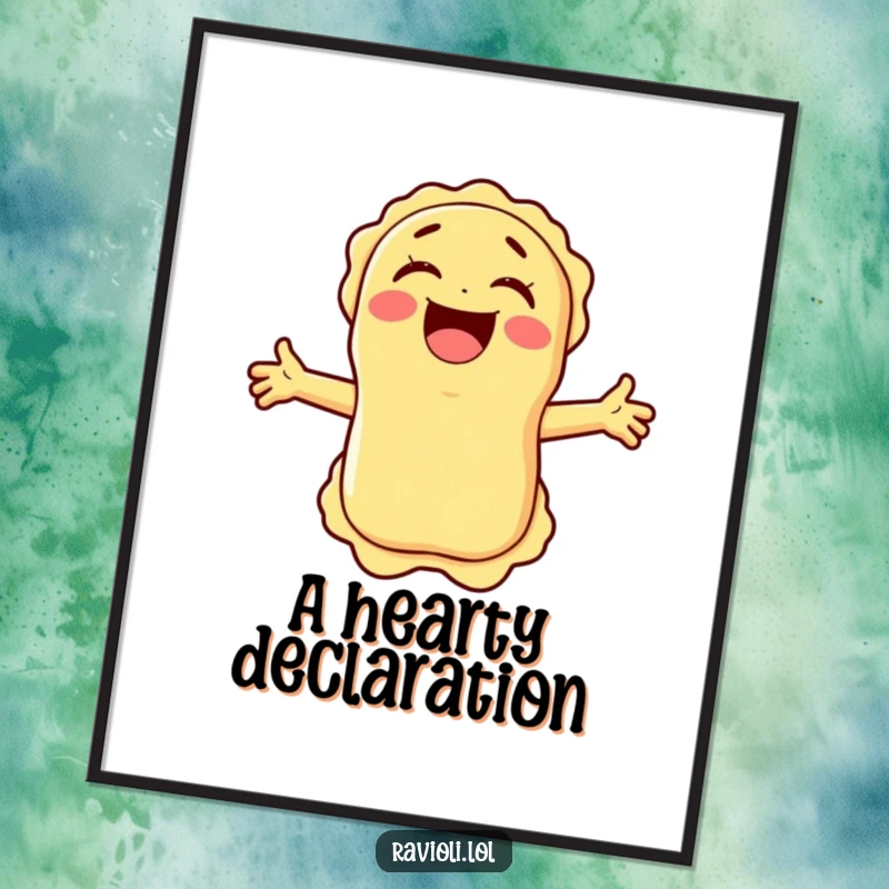 High-resolution funny ravioli character laughing heartily with arms spread wide, available as a digital art print for instant, humorous decor.