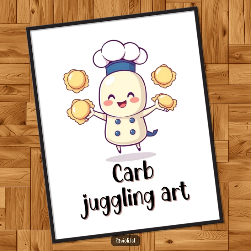Funny digital art print of a ravioli character, dressed as a chef, joyfully juggling three ravioli, vibrant and humorous.