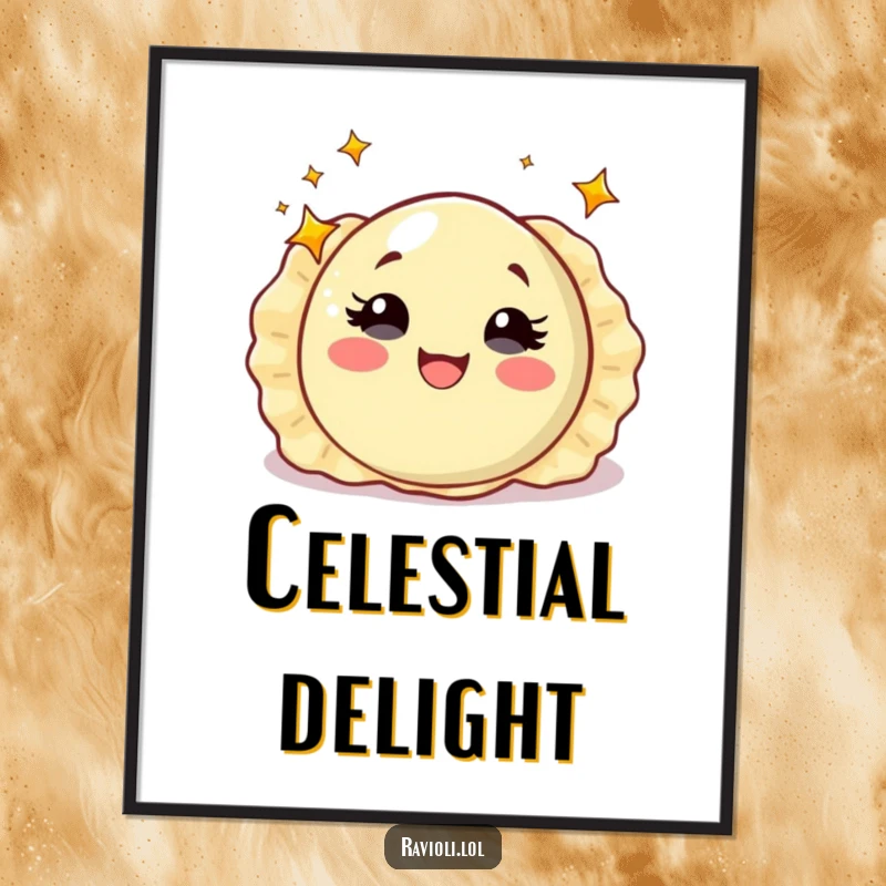 Funny ravioli with starry eyes spinning with delight, digital art print of a magical Italian food character, great funny decor.