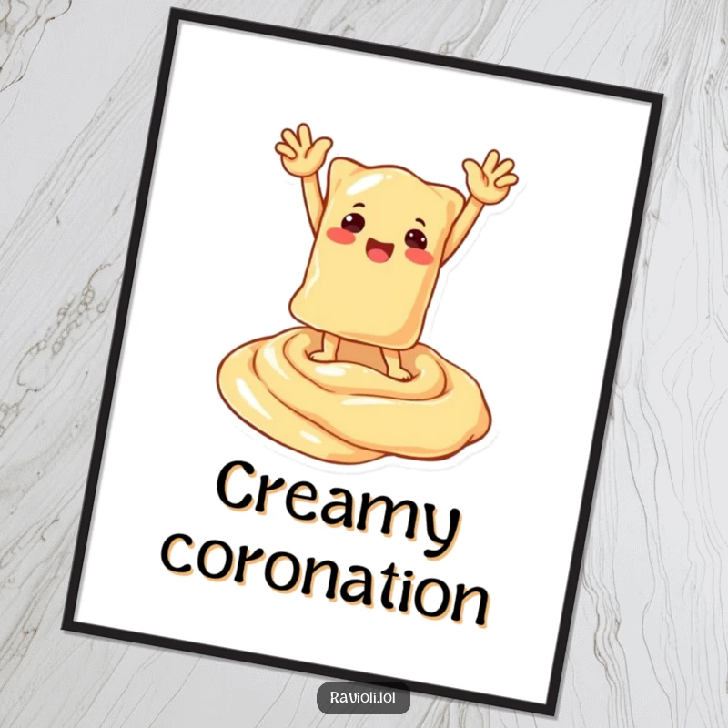 Funny digital art print of a ravioli character striking a triumphant pose atop a luxurious swirl of creamy sauce, celebrating victory.
