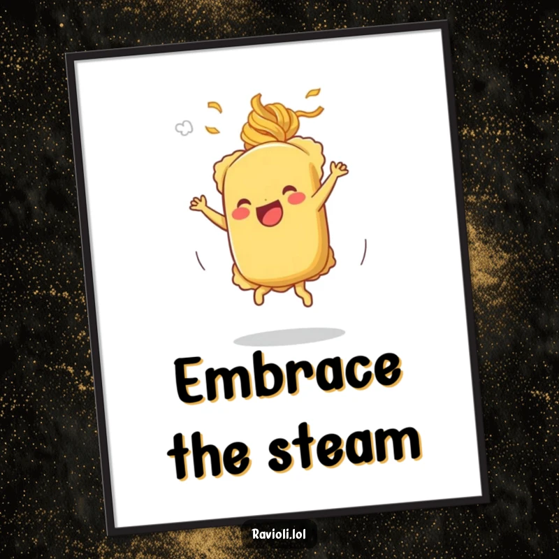 Funny cartwheeling ravioli digital art print of a ravioli character doing a cartwheel with pasta steam, ready for printing.