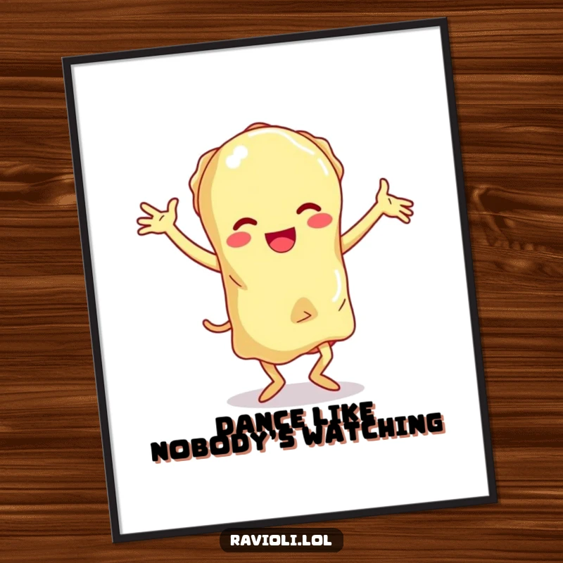 Funny ravioli character with floppy limbs performing a clumsy dance, humorous and downloadable digital art.