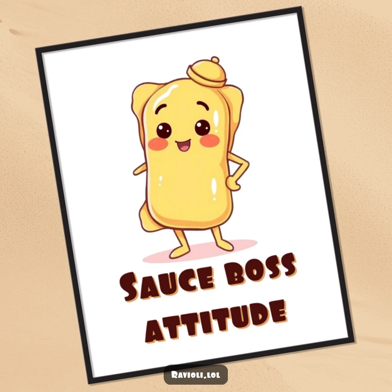 Funny digital art print of a ravioli striking a confident pose with hand on hip and tiny tilted hat, for bold decor.