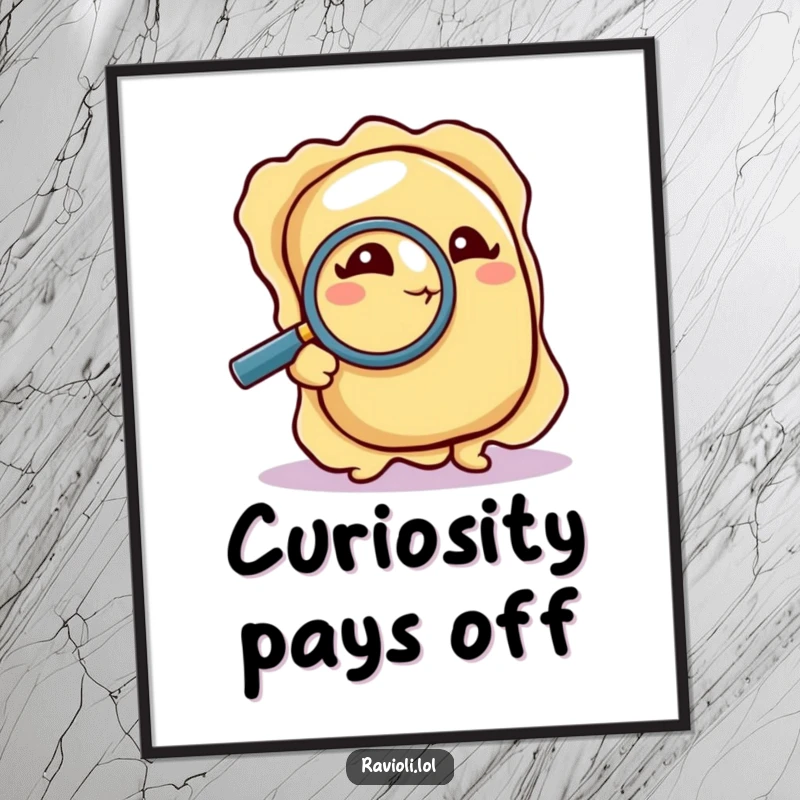 Funny Digital Art Print: A ravioli uses a magnifying glass to examine a crumb, capturing a humorous and detailed moment of culinary investigation.