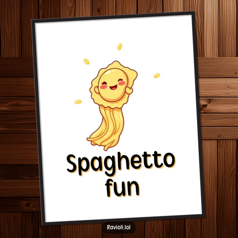 Funny giggling ravioli sliding down a spaghetti strand, presented as digital art, ideal for instant download and display.