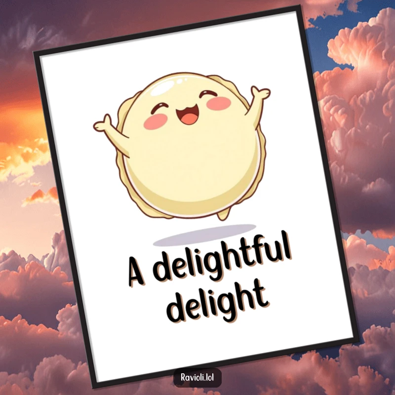 Funny digital art print of a plump, round ravioli character joyfully bouncing, ideal for wall decor with a food theme.