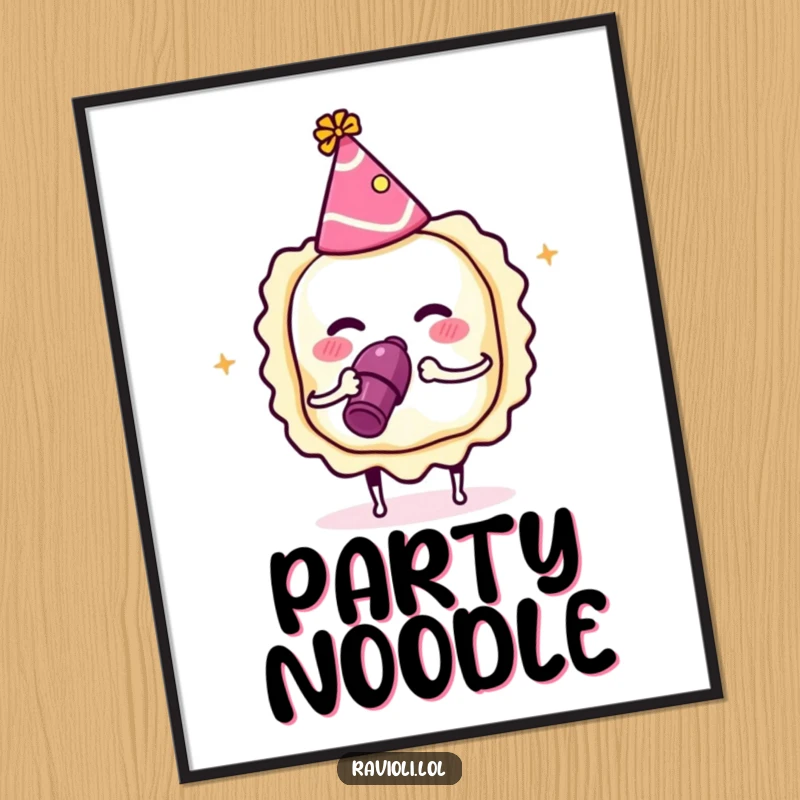 Funny ravioli wearing a party hat blowing a noisemaker, digital art print of a festive Italian food character, great funny decor.