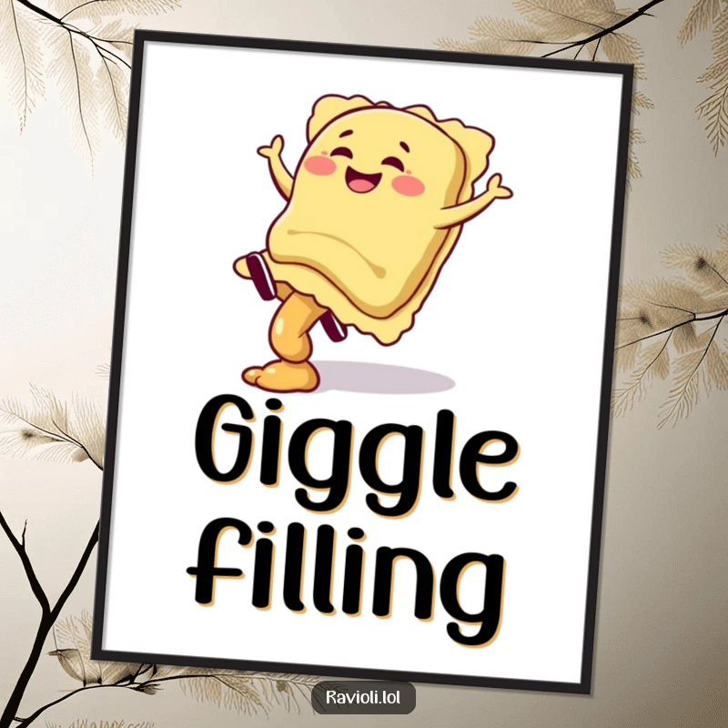 Funny ravioli character giggling mid-cartwheel with filling spilling slightly, as downloadable digital art, a humorous gift.