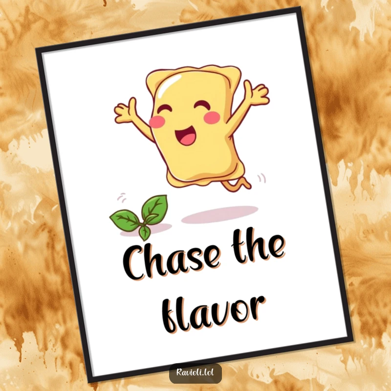 Funny ravioli joyfully chases a basil leaf with open arms, downloadable art.