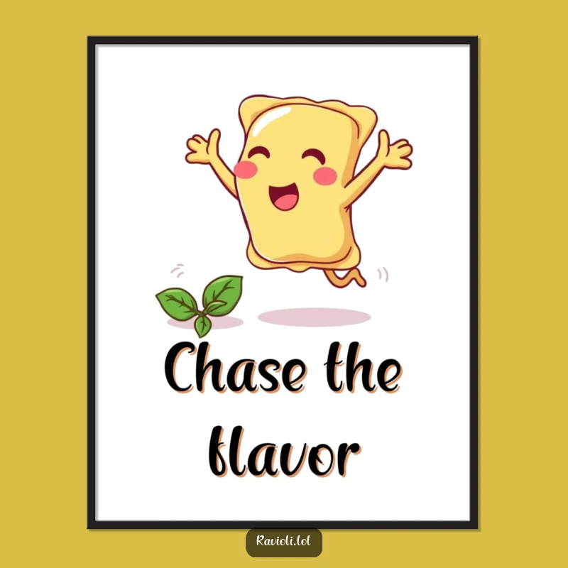 Funny Ravioli Chasing Basil Digital Print - Whimsical Kitchen Art