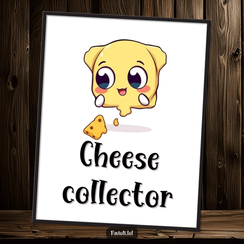Funny digital art print of a ravioli character with wide eyes attempting to catch falling cheese, a humorous and relatable scene.